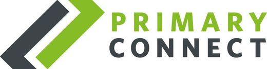 A logo for primary connect with a green and black arrow.