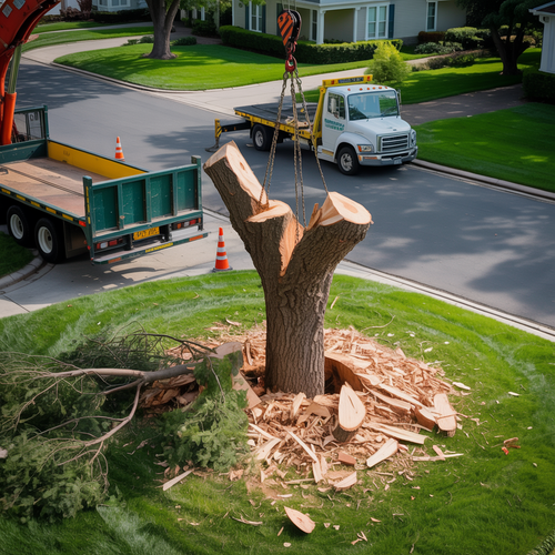 A worker in safety gear cuts a tree limb while positioned in the yellow bucket of an aerial lift.