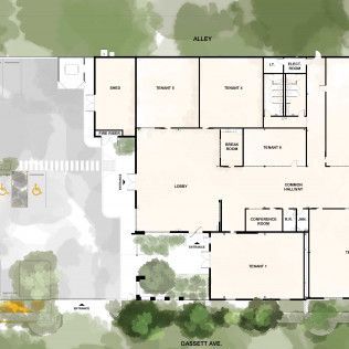 A floor plan of a building with trees in the background.