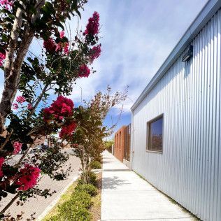 A sidewalk leading to a building with flowers on the side of it
