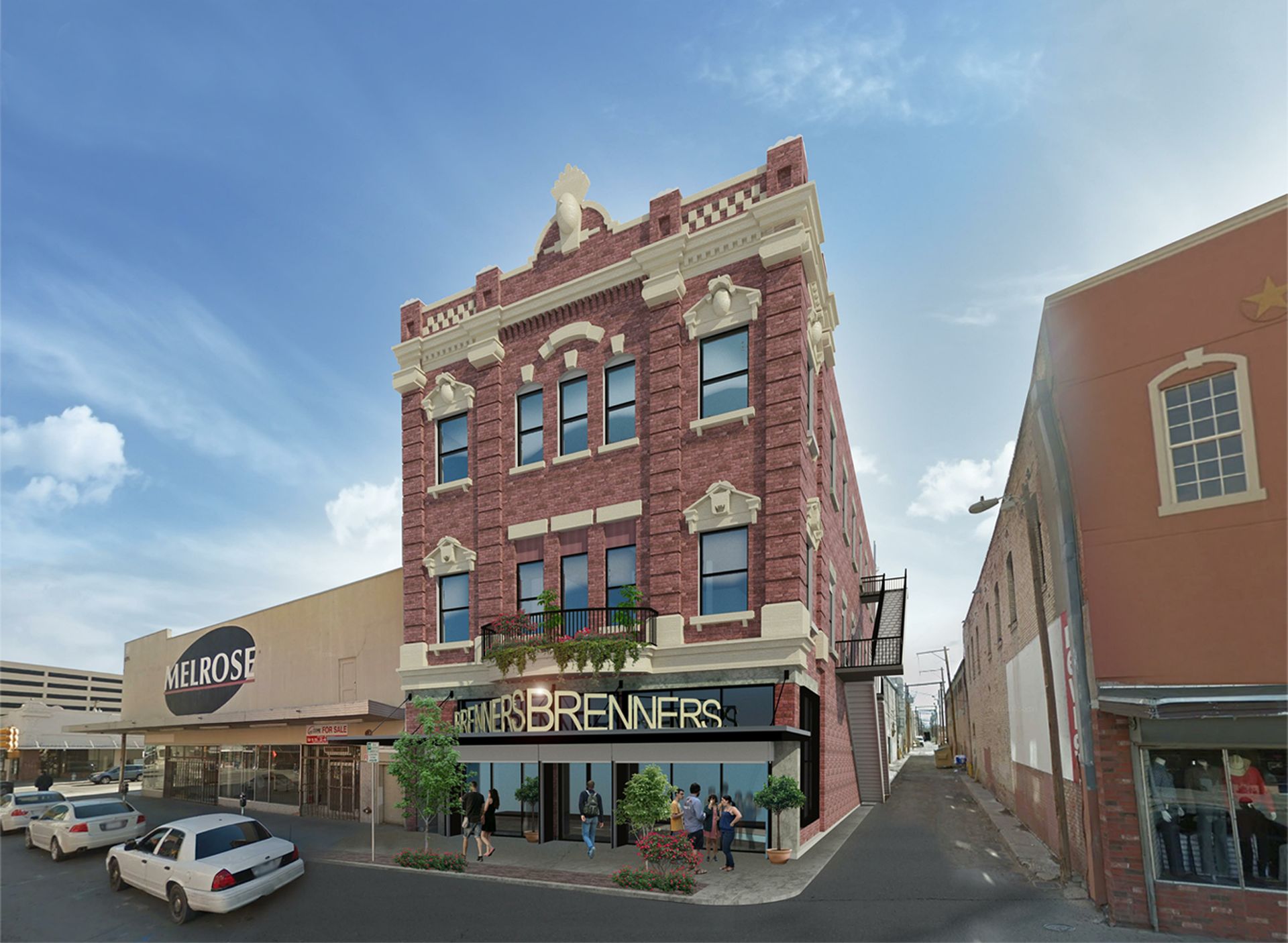 An artist 's impression of a brick building in a city