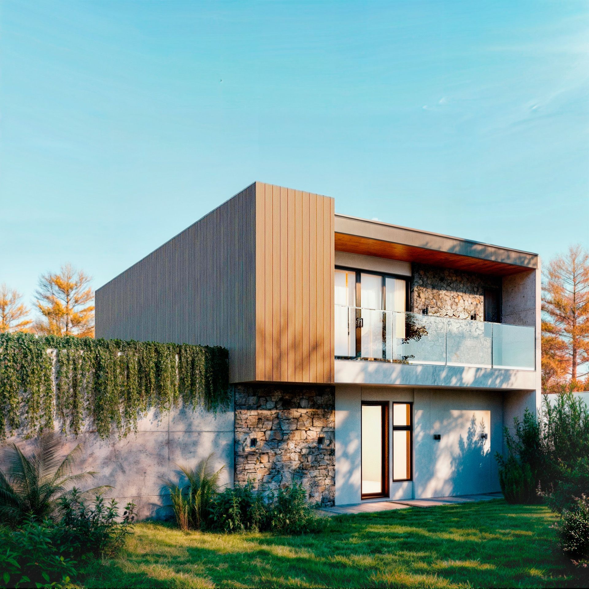 A modern house with a balcony and a lot of windows
