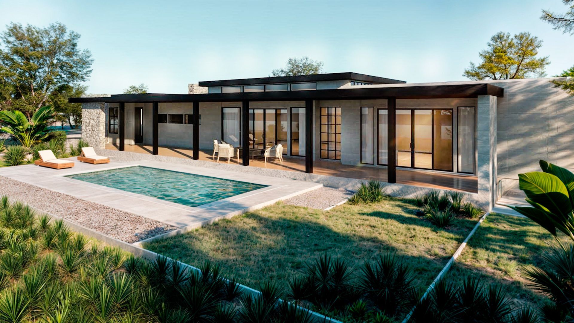 An artist 's impression of a house with a swimming pool in the backyard.
