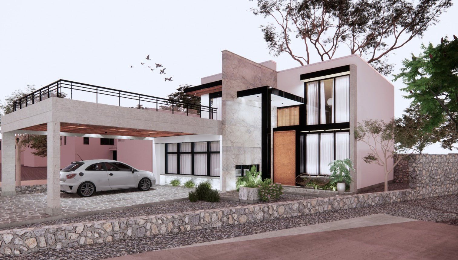 A white car is parked in front of a large house.