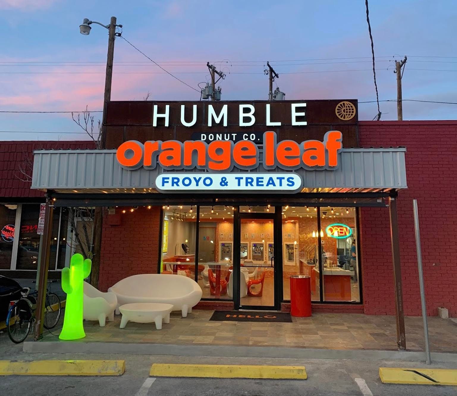 The outside of a humble orange leaf donut shop