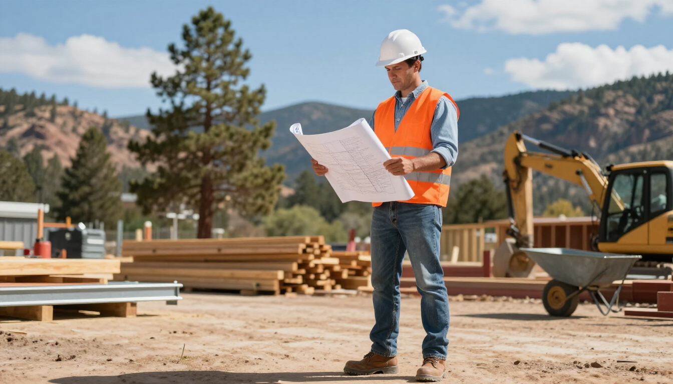 Professional contractor with blueprints on site