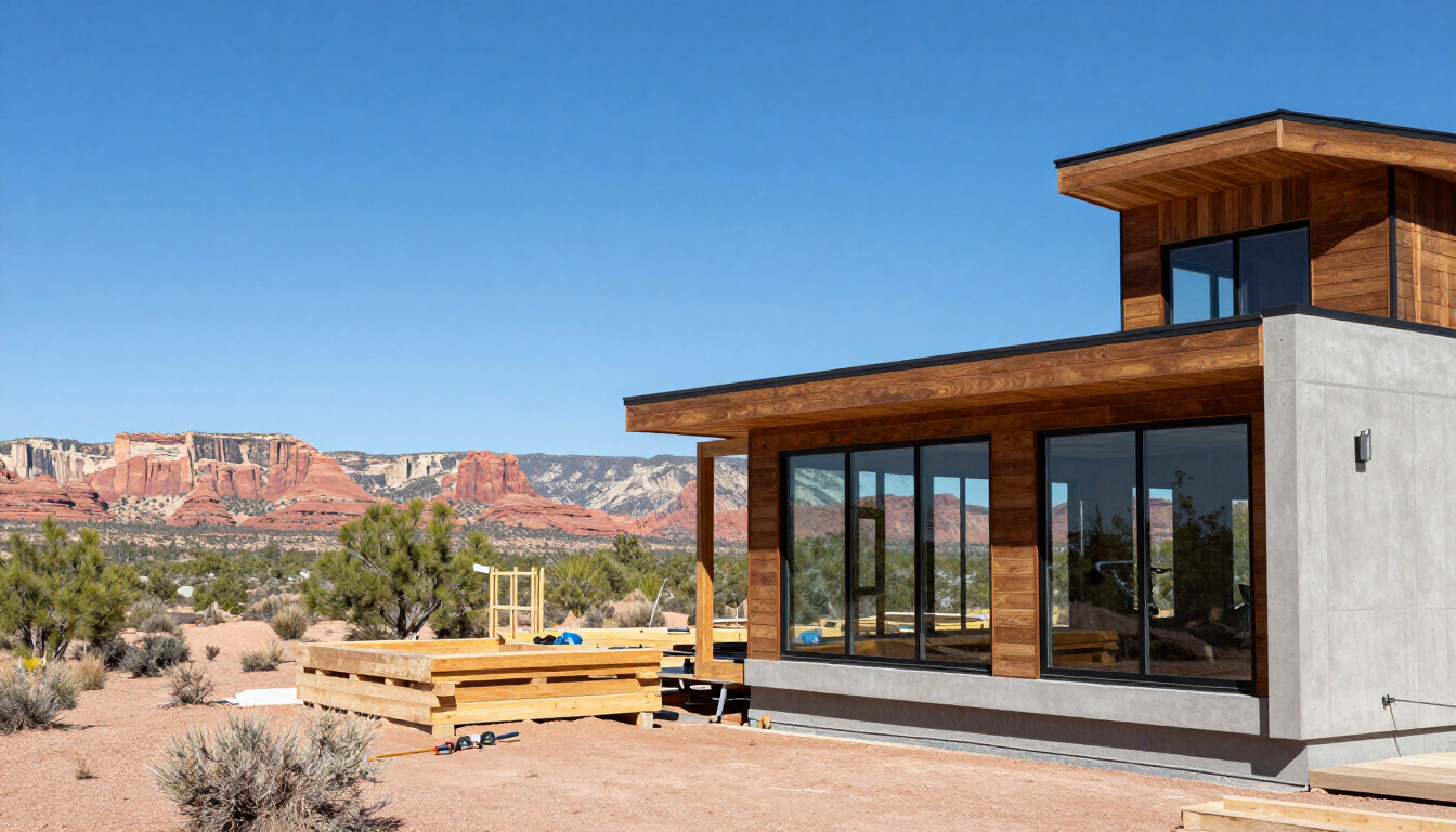 Home addition under construction in Northern Arizona landscape