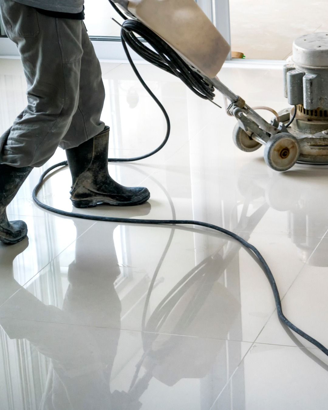 Person in rubber boots polishing a shiny, white tiled floor with a floor buffer.