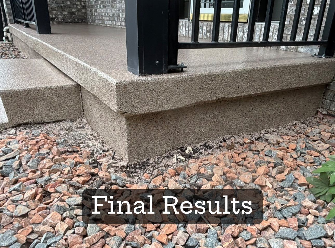 Finished concrete steps with gravel ground cover, text overlay 