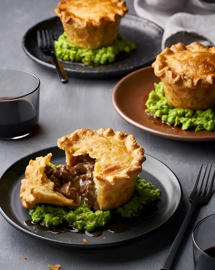 A Pie With a Bite Taken Out of It is on a Plate With Mashed Peas — Lismore Pie Cart in Lismore, NSW