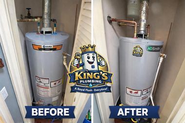 Before and after comparison of a water heater installation by King's Plumbing, showing updated copper piping and unit.