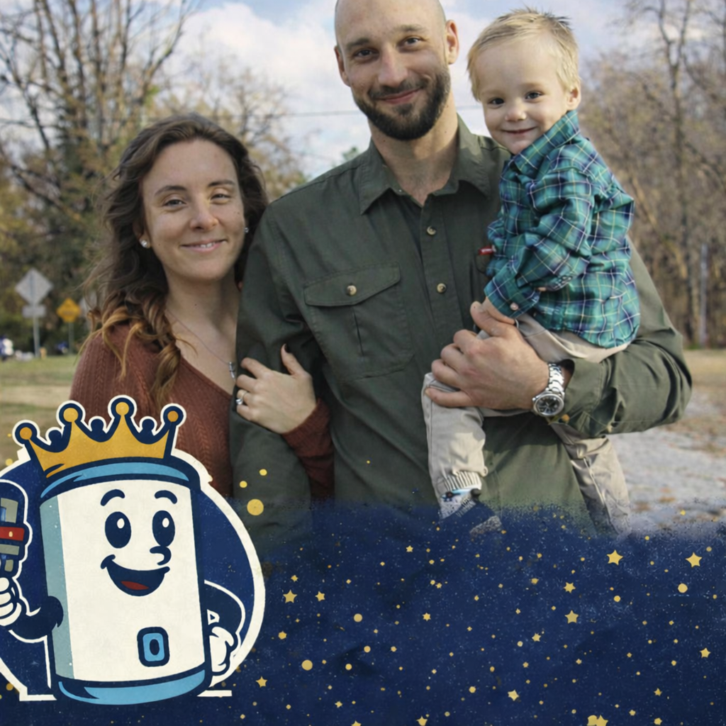 A family stands together outdoors. In the corner is a cartoon character of a water heater wearing a gold crown.