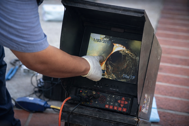 A gloved hand points to a sewer inspection monitor screen displaying an underground pipe.