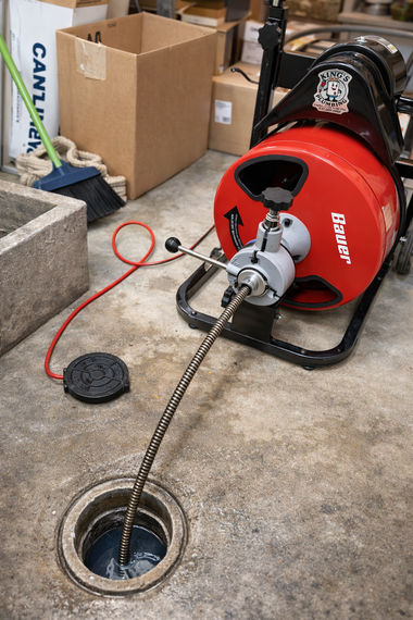 A red sewer machine feeding a metal cable into a drain pipe on a concrete floor, with a black foot pedal nearby.