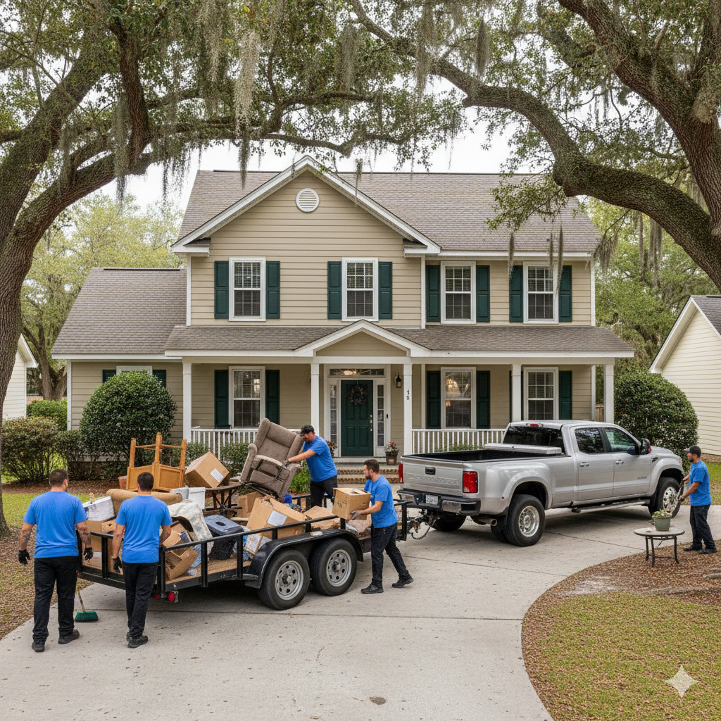 Junk crews remove furniture from a home in Hilton Head