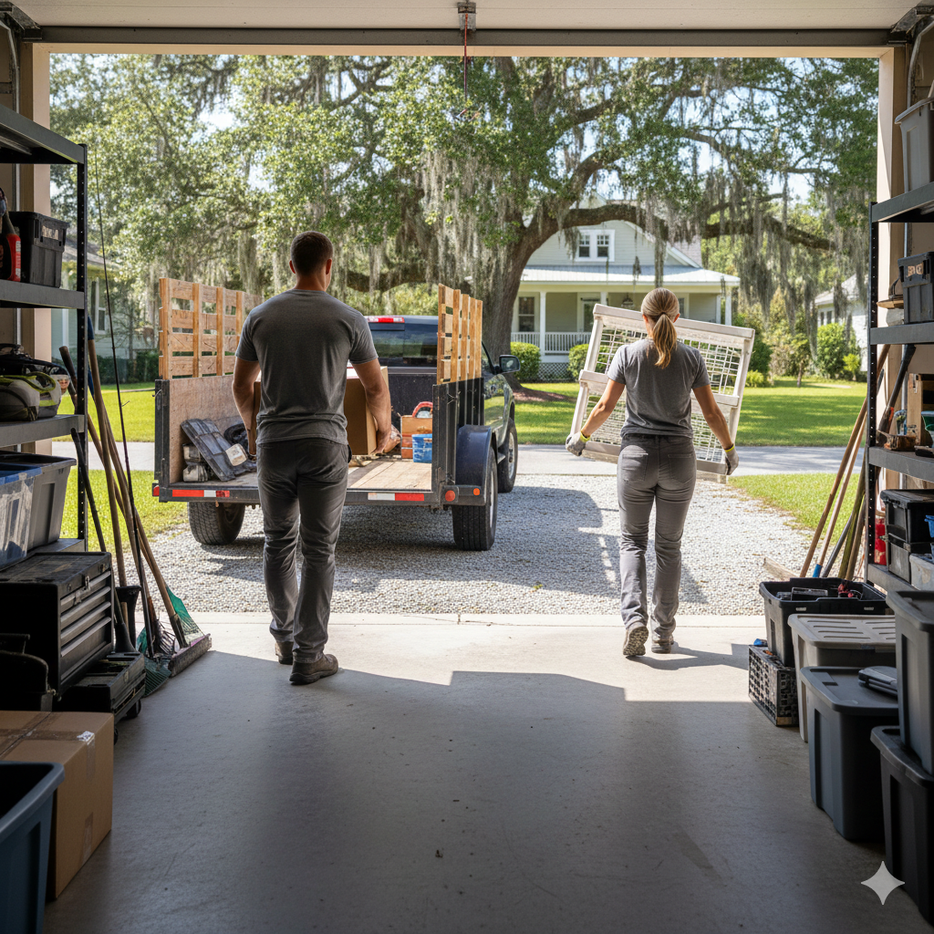Junk removal specialists clean out a garage in Beaufort County