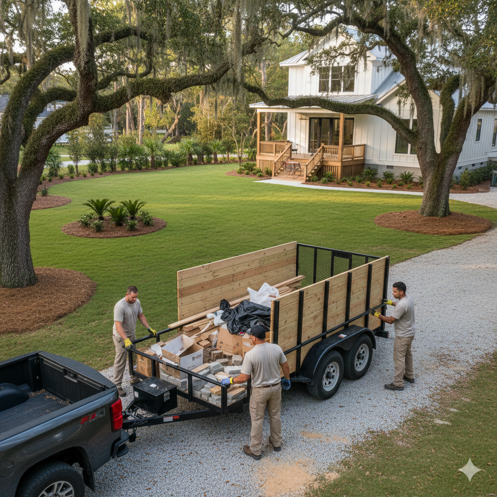 Junk removal specialists clean out a garage in Beaufort County