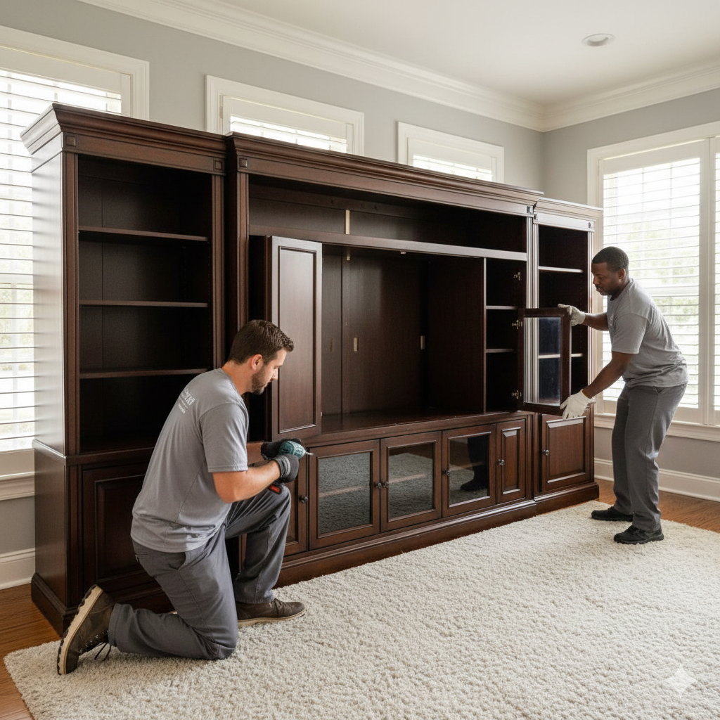 Junk removal professionals remove an entertainment center in Bluffton South Carolina