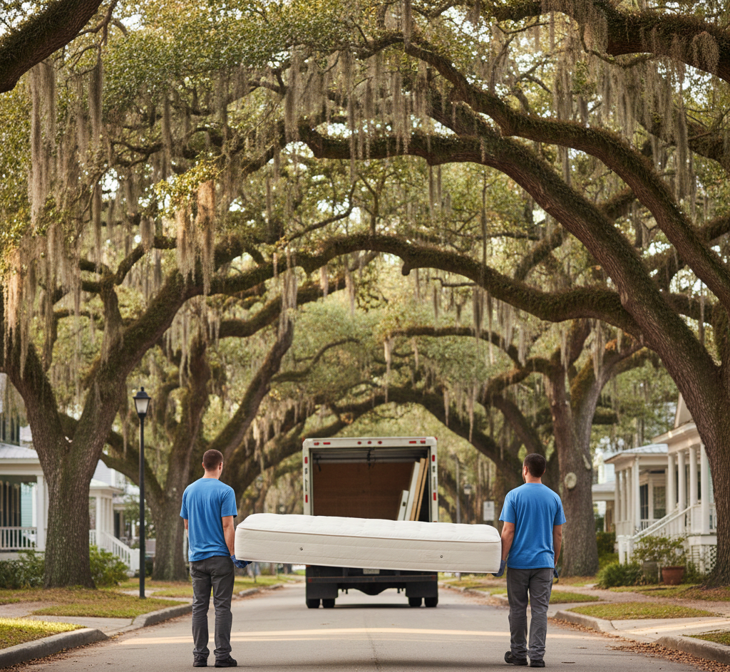 Two junk removal employees carrying a mattress towards a truck on a street in Beaufort county SC