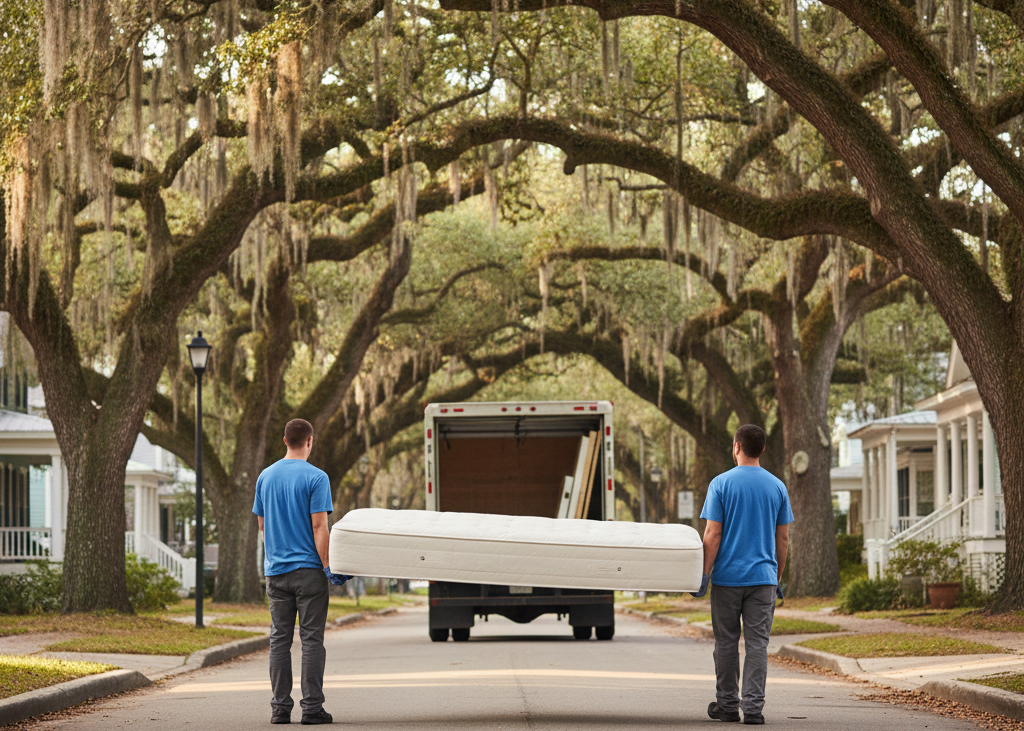 Two men remove a mattress in Beaufort South Carolina