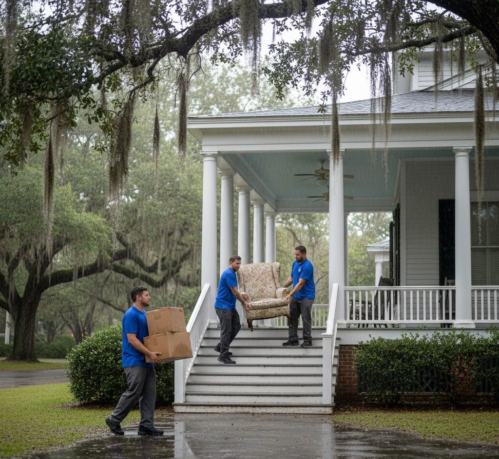 Junk removal team carrying furniture and boxes from a house with a porch in Low County South Carolina a rainy day.