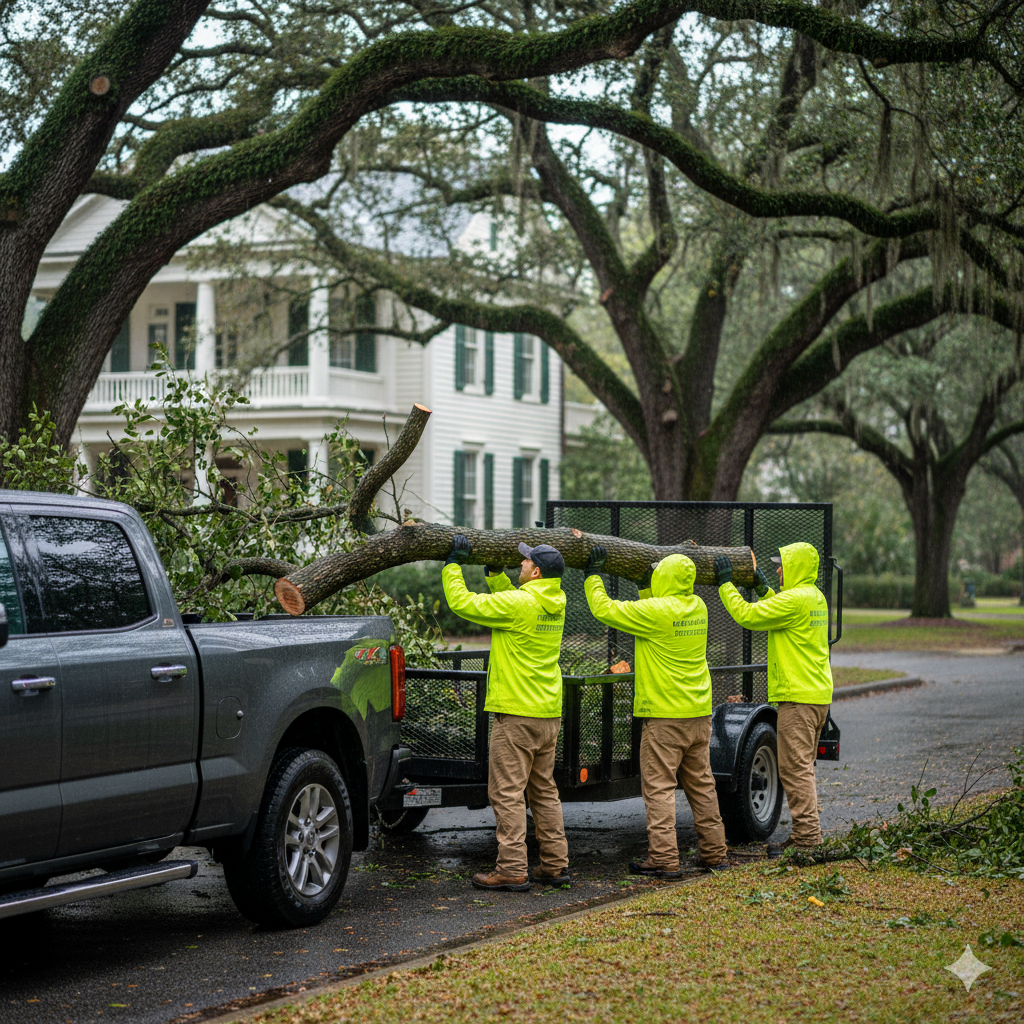 Junk removal specialists work to remove debris after a storm