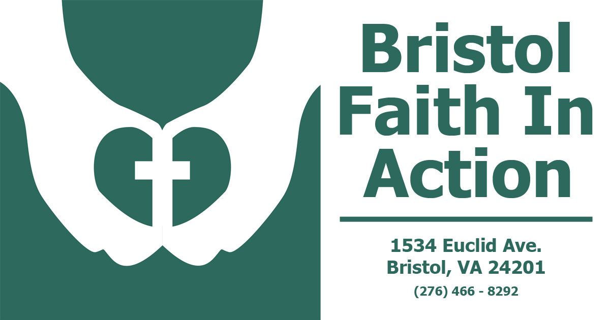 Logo for Bristol Faith In Action featuring green hands forming a heart shape with a cross, plus the address and phone.