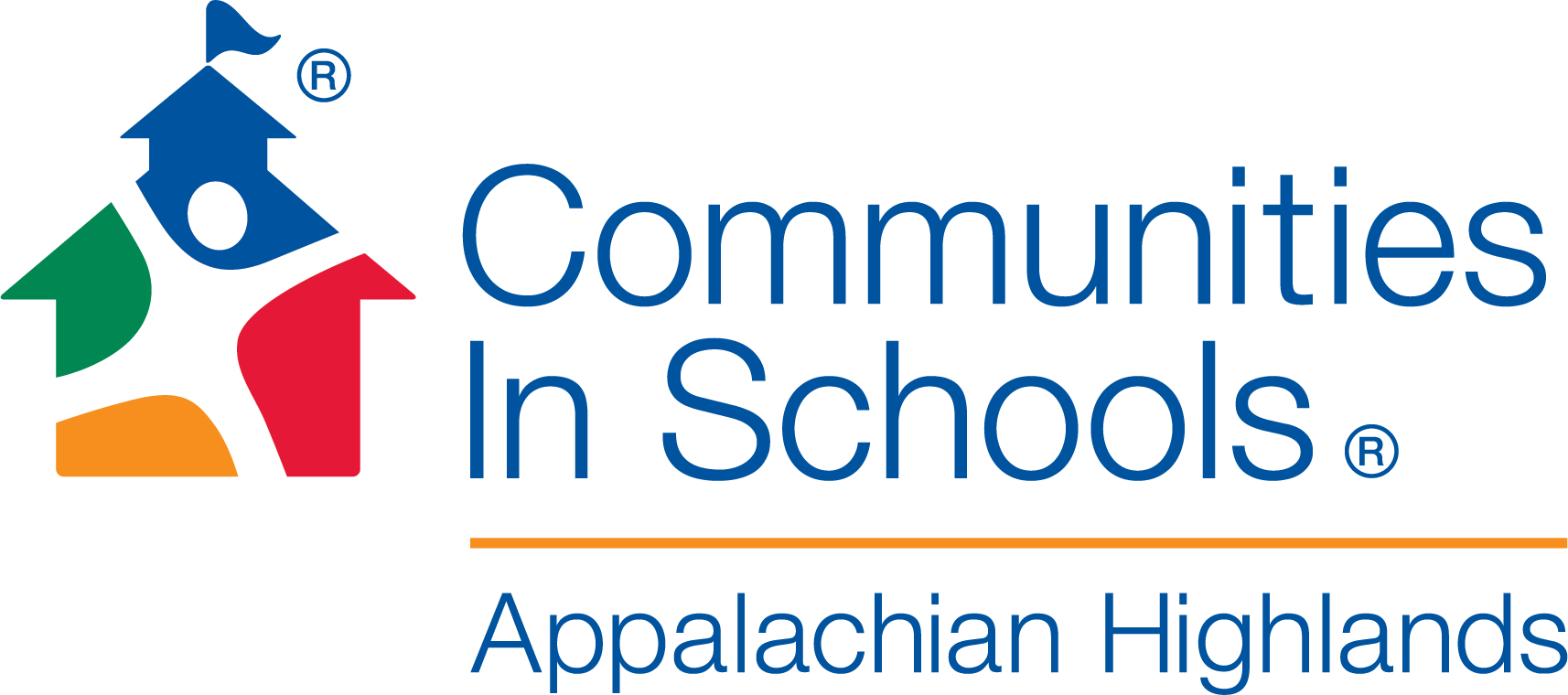 Logo for Communities In Schools of Appalachian Highlands, featuring a multicolored house-shaped icon with a flag.
