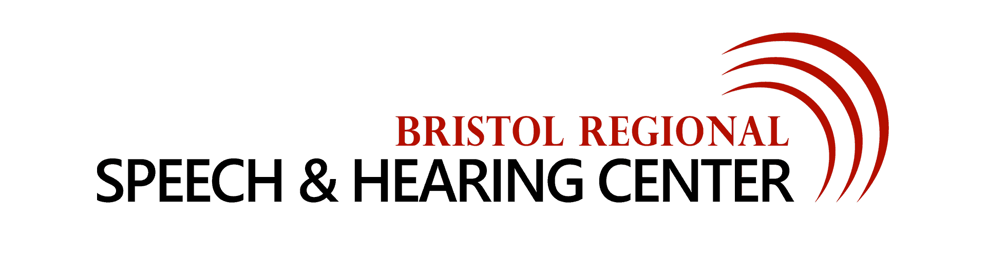 Logo for Bristol Regional Speech & Hearing Center featuring black text and red sound waves.