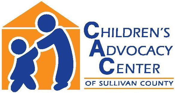 Logo for Children's Advocacy Center of Sullivan County featuring a blue figure holding a child's hand inside an orange house.