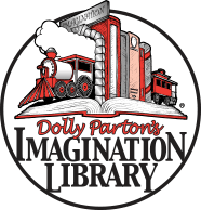 Logo for Dolly Parton's Imagination Library featuring a train emerging from a book and a stack of books inside a circle.