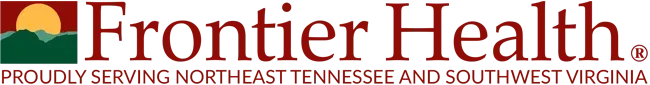 Logo for Frontier Health, featuring a sun rising over green hills, with text serving Northeast TN and Southwest VA.