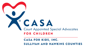 Logo for CASA for Kids, Inc. of Sullivan and Hawkins Counties featuring a blue person icon with a red heart-shaped head.