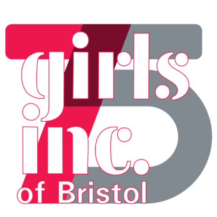 Logo for Girls Inc. of Bristol, featuring white text over a red and grey graphic of the number 75.