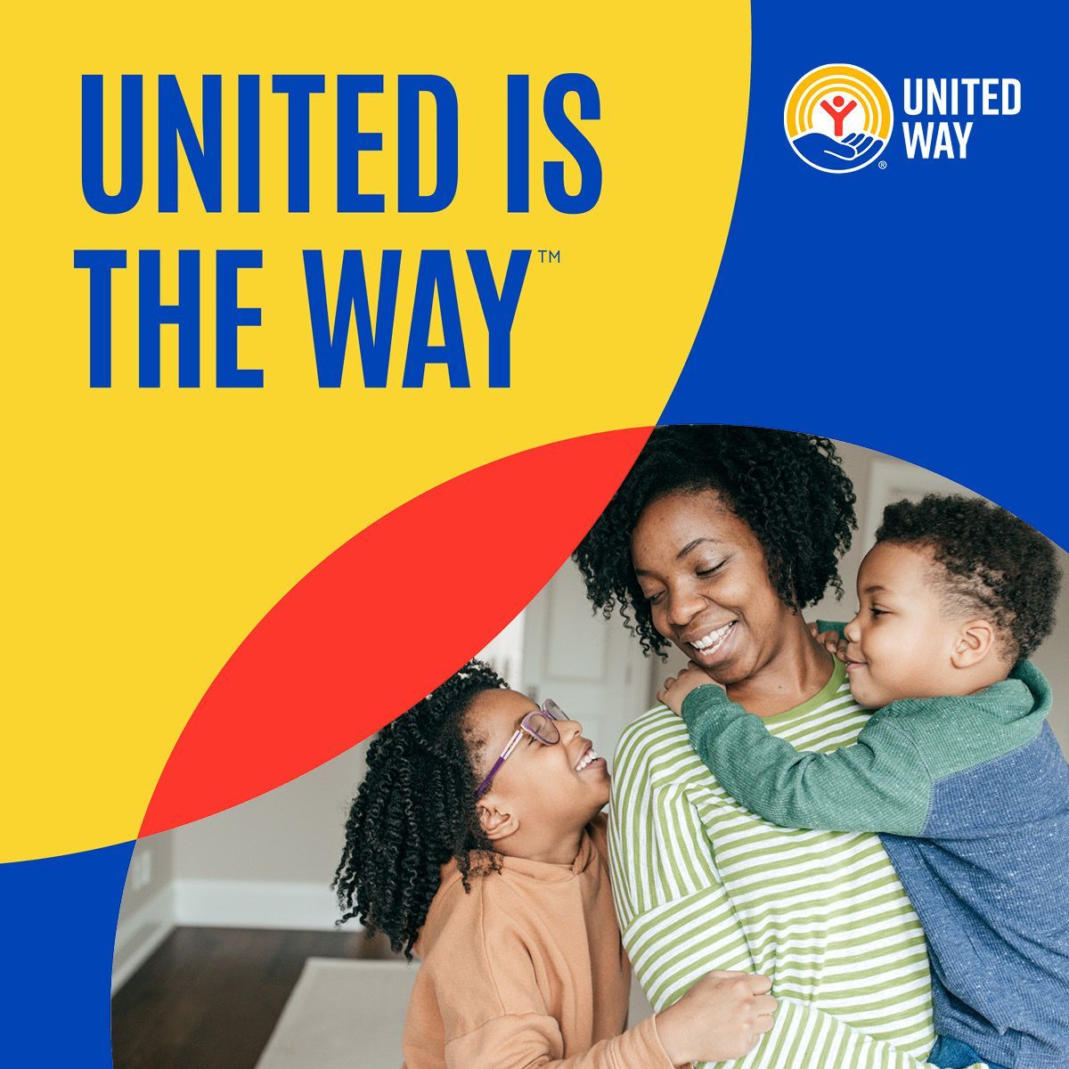 A smiling adult embraces two children against a yellow, red, and blue background with the United Way logo and branding.