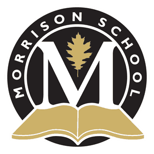 Circular logo for Morrison School featuring a large letter M, an oak leaf, and an open book in black and gold.