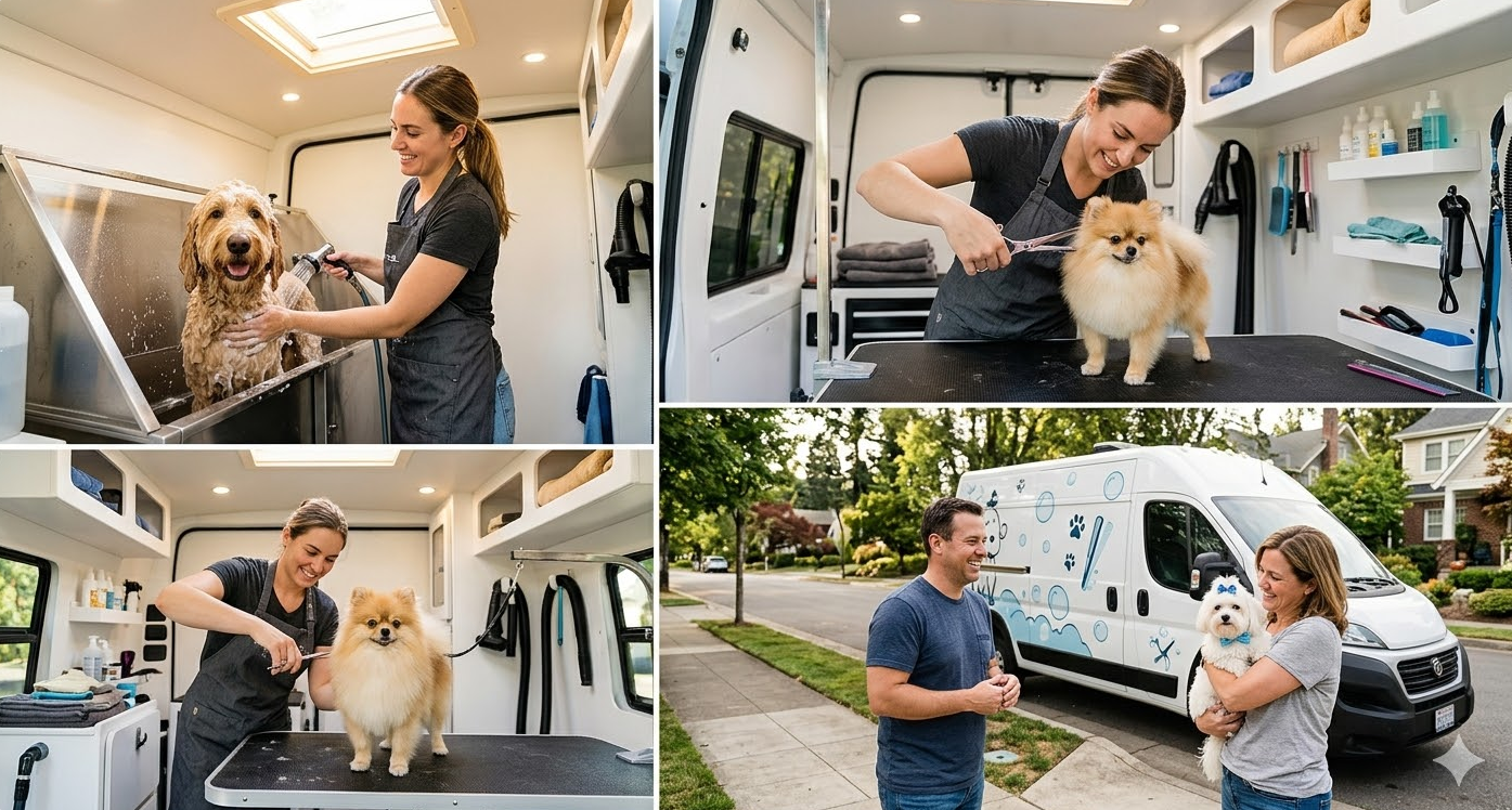 Mobile pet grooming van and services.