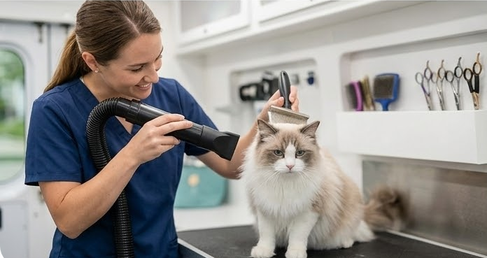 Woman grooming long-haired cat with dryer and brush.