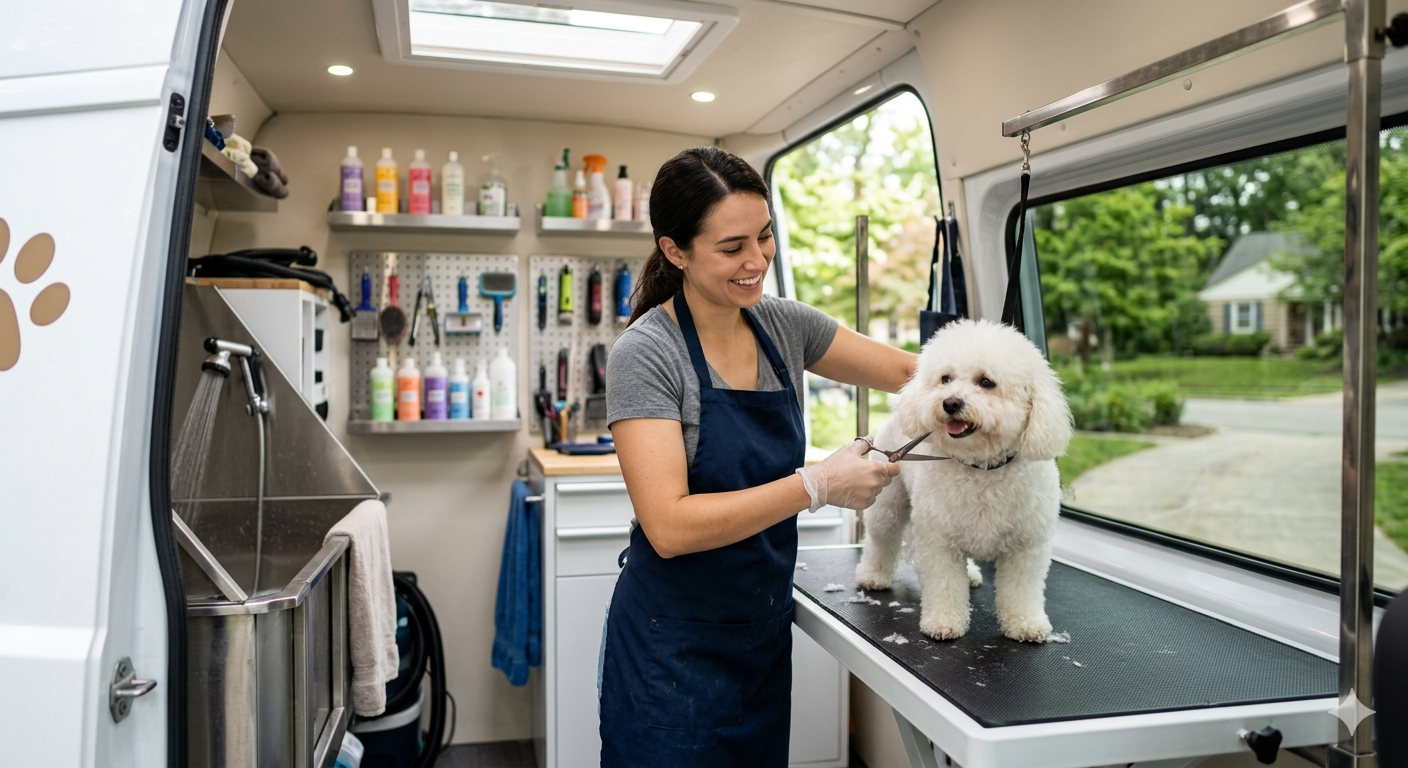 Woman grooming a small white dog in a mobile pet van.