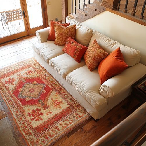 A living room with a rug and a couch with pillows on it