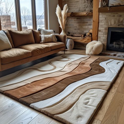 A living room with a couch , fireplace and rug.