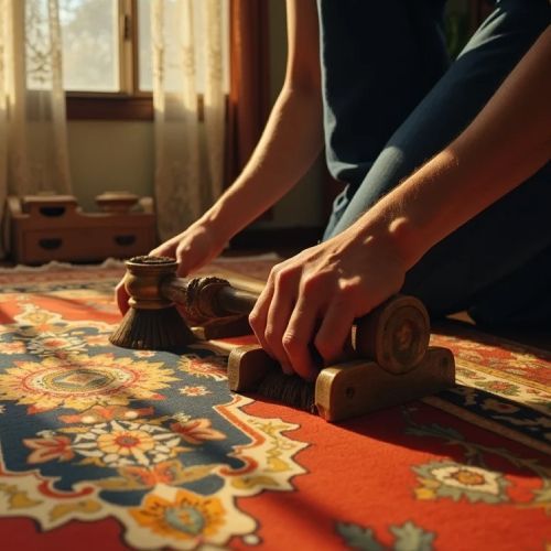 A person is kneeling down on a rug holding a candle holder