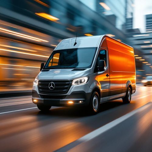 A mercedes van is driving down a city street at night.