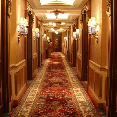 A long hallway with a red rug and lamps on the wall