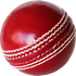 Red cricket ball with white stitching