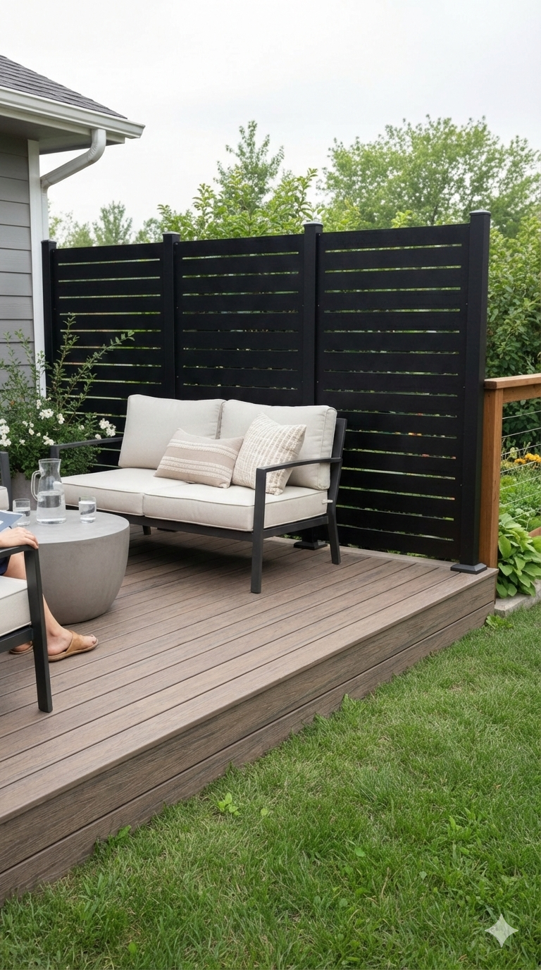 Linear aluminum privacy panel on patio with outdoor furniture creating modern backyard privacy