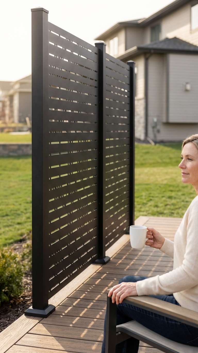 Signal privacy aluminum panel creating modern outdoor privacy for patio or deck.