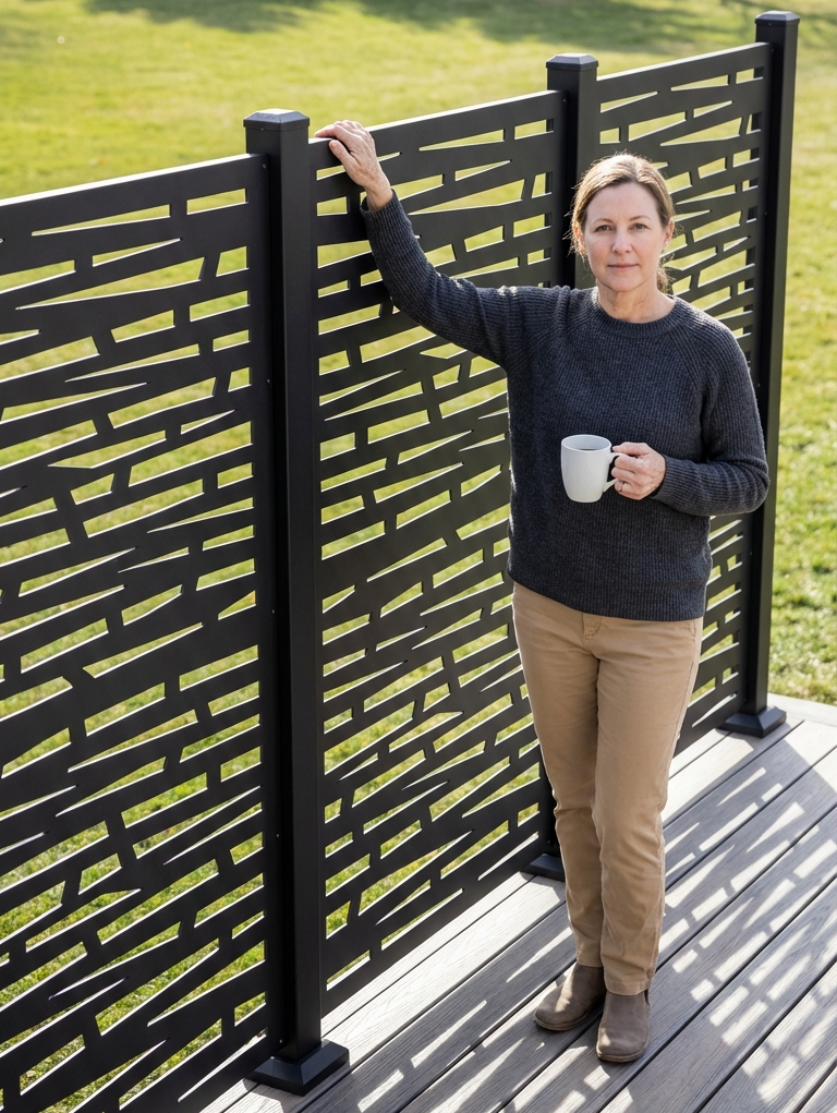 Signal aluminum privacy panel for stylish backyard screening when you want your morning coffee.