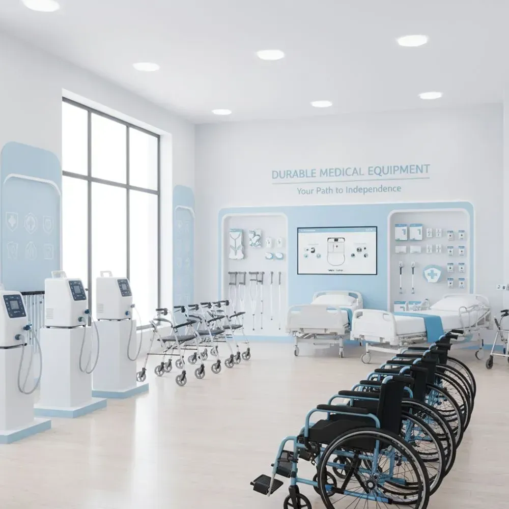 Medical equipment showroom with wheelchairs, beds, and respiratory machines.