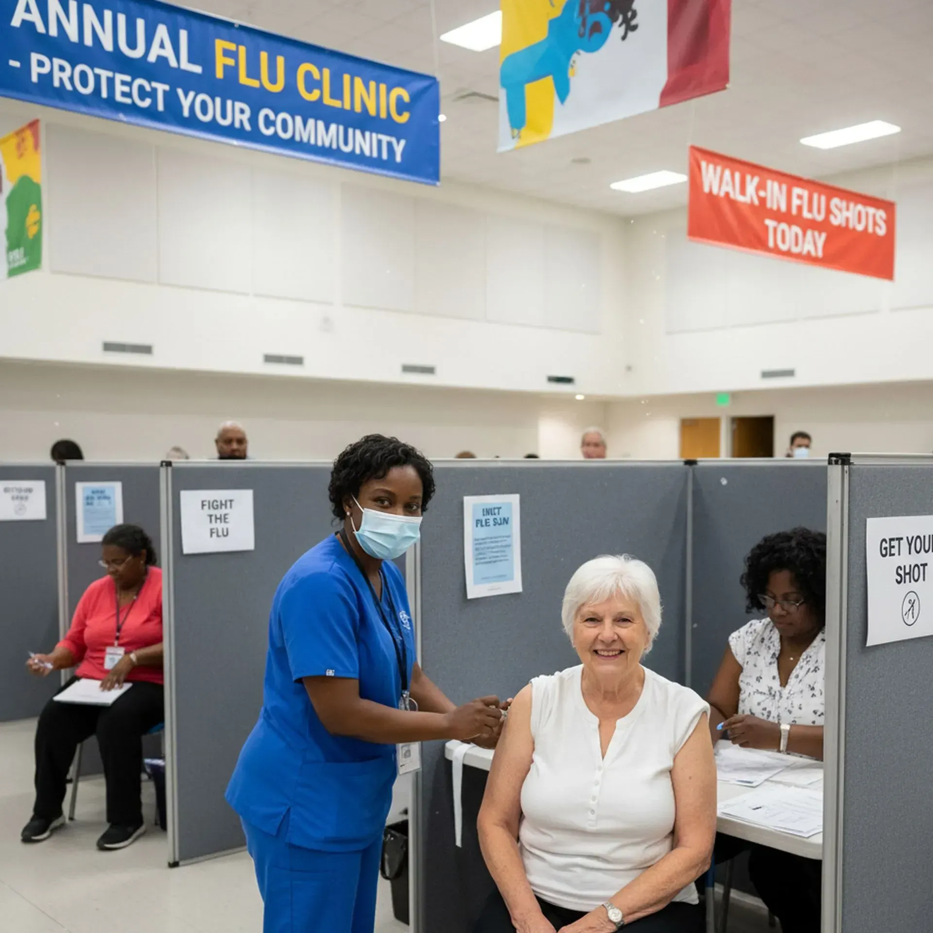 Nurse giving a flu shot to a woman at a walk-in clinic. Signage promotes community protection.